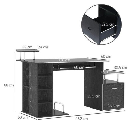 Scrivania Moderna Aosom con Cassetti e Ripiani Nero 152x60x88cm