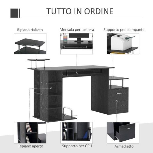 Scrivania Moderna Aosom con Cassetti e Ripiani Nero 152x60x88cm