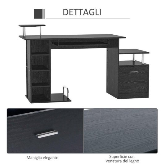 Scrivania Moderna Aosom con Cassetti e Ripiani Nero 152x60x88cm