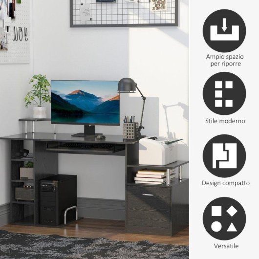 Scrivania Moderna Aosom con Cassetti e Ripiani Nero 152x60x88cm