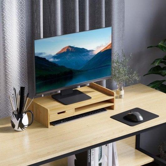 Aosom Supporto Monitor da Scrivania con Spazio per Mouse e Tastiera in Bambù