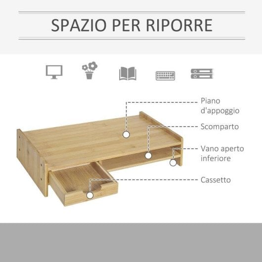 Aosom Supporto Monitor da Scrivania con Spazio per Mouse e Tastiera in Bambù