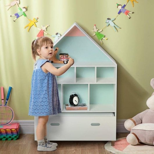 Libreria Aosom 82x30x126cm Bianco Azzurro Rosa