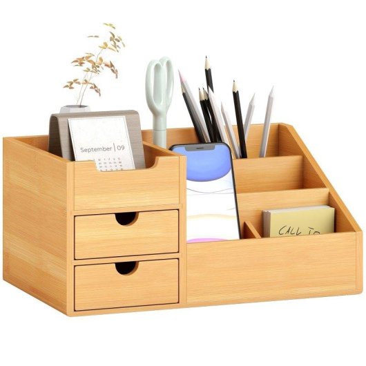 Aosom Organizzatore Scrivania Bambù 2 Cassetti 7 Scomparti 33x20.5x15.5 cm
