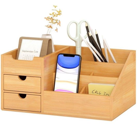 Aosom Organizzatore Scrivania Bambù 2 Cassetti 7 Scomparti 33x20.5x15.5 cm