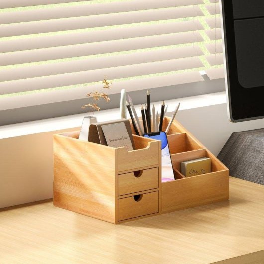 Aosom Organizzatore Scrivania Bambù 2 Cassetti 7 Scomparti 33x20.5x15.5 cm