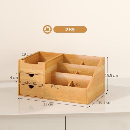 Aosom Organizzatore Scrivania Bambù 2 Cassetti 7 Scomparti 33x20.5x15.5 cm