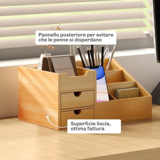 Aosom Organizzatore Scrivania Bambù 2 Cassetti 7 Scomparti 33x20.5x15.5 cm