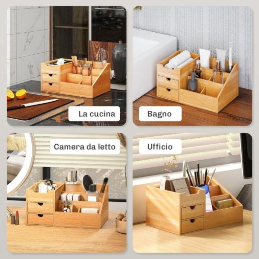 Aosom Organizzatore Scrivania Bambù 2 Cassetti 7 Scomparti 33x20.5x15.5 cm