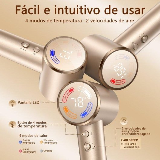Secador de Cabelo Iónico Inteligente Teendow My78pa 110000 RPM 4 Temperaturas 3 Velocidades Ecrã Táctil Dourado