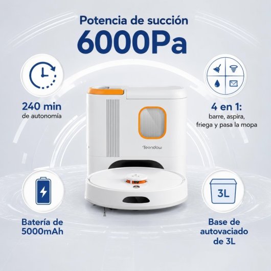 Robot Aspirador Teendow 6000 Pa con Autovaciado Navegación LDS Wifi Control por Voz