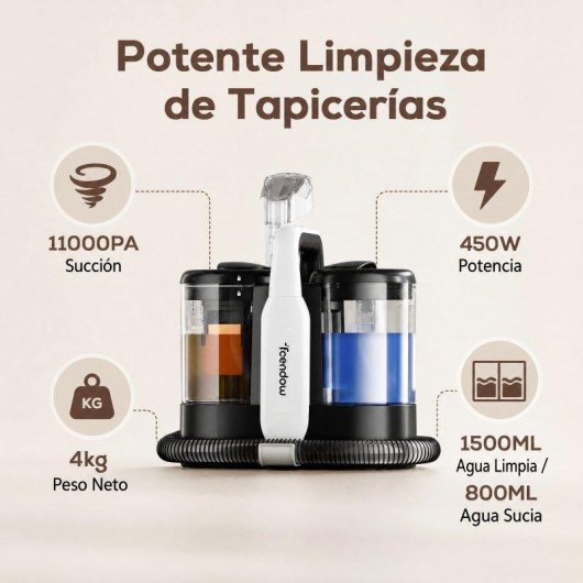 Aspirador de Estofos Teendow 450W 11000Pa Duplo Depósito 1500ml+800ml