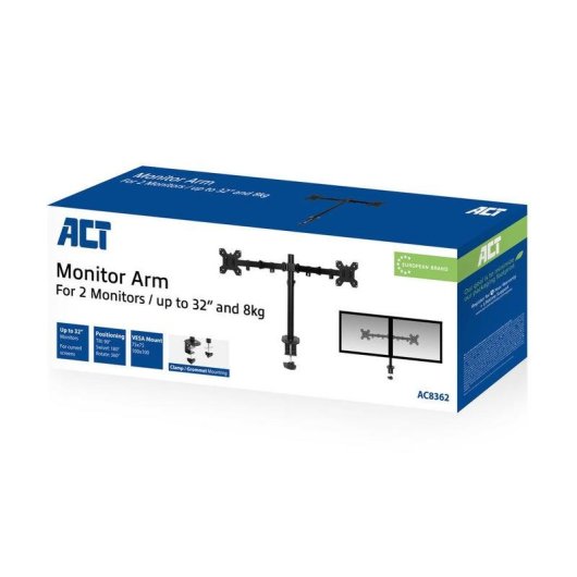 ACT AC8362 Support Moniteur 2 Bras Bureau 10 à 32" VESA 75x75 à 100x100 Max 8Kg