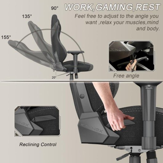 Chaise Gaming Rolipo KARNOX Gris Foncé Reclinable 155° Support Lombaire