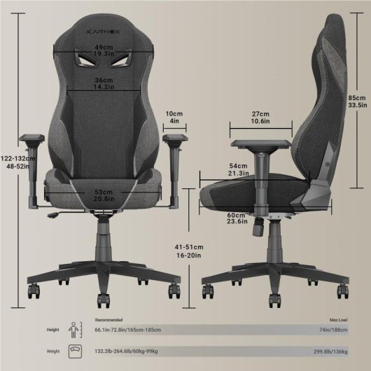 Chaise Gaming Rolipo KARNOX Gris Foncé Reclinable 155° Support Lombaire
