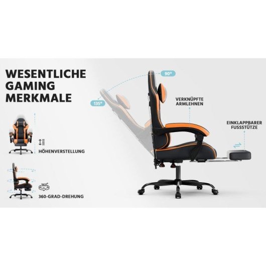 Silla Gaming Rolipo W3298P Soporte Lumbar 200 kg Cuero PU Negro/Naranja