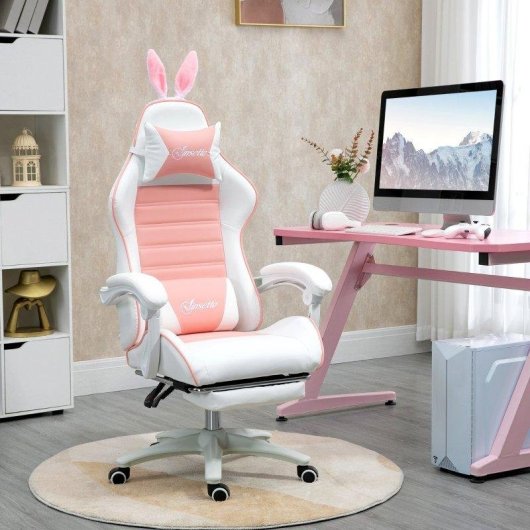 Silla Gaming Rolipo Rosa Ergonómica Orejas Conejo Reclinable 120 kg