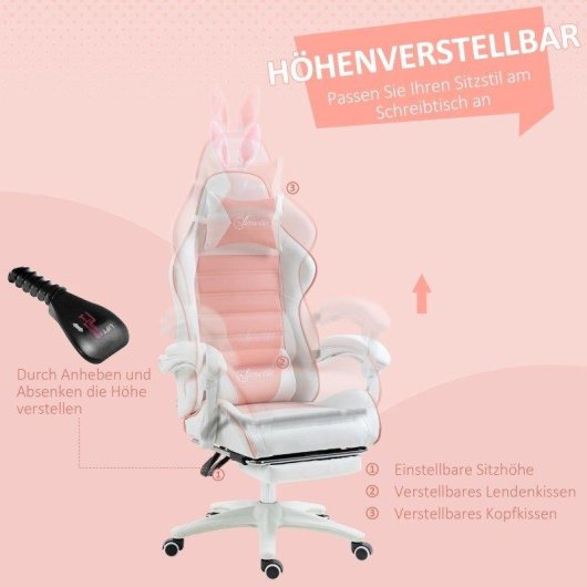 Silla Gaming Rolipo Rosa Ergonómica Orejas Conejo Reclinable 120 kg