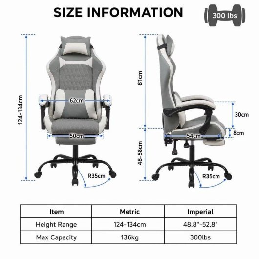 Cadeira Gaming Ergonomica Rolipo W3490-6072-GW Reclinavel 135°