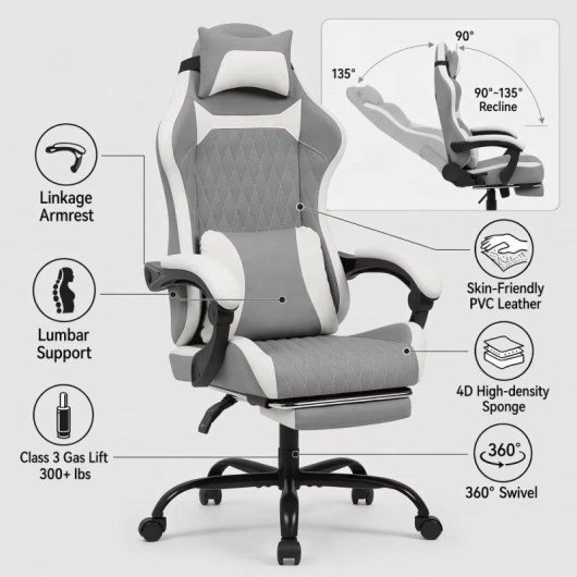Cadeira Gaming Ergonomica Rolipo W3490-6072-GW Reclinavel 135°