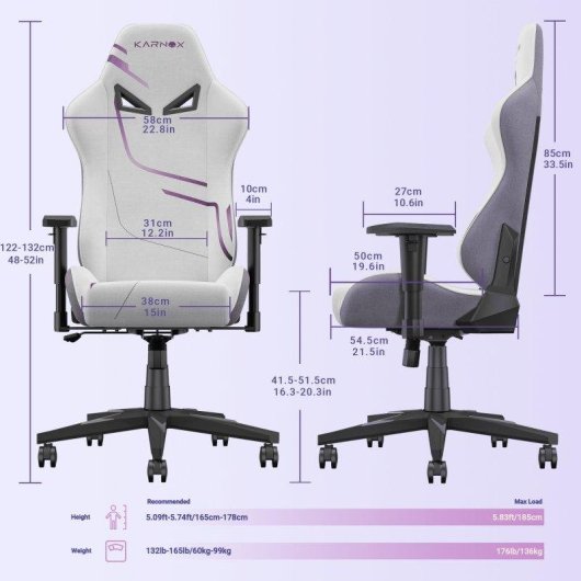 Silla Gaming Ergonómica Rolipo KORNOX Tela Ajustable Blanca/Morada