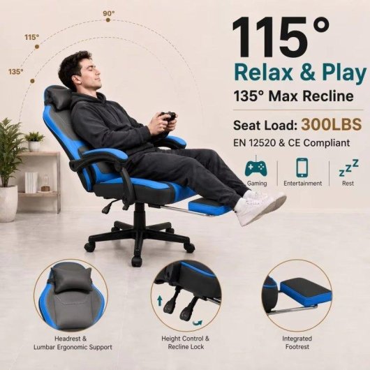 Ergonomischer Gaming-Stuhl Rolipo W3490-6073-BB Verstellbare Fusstütze