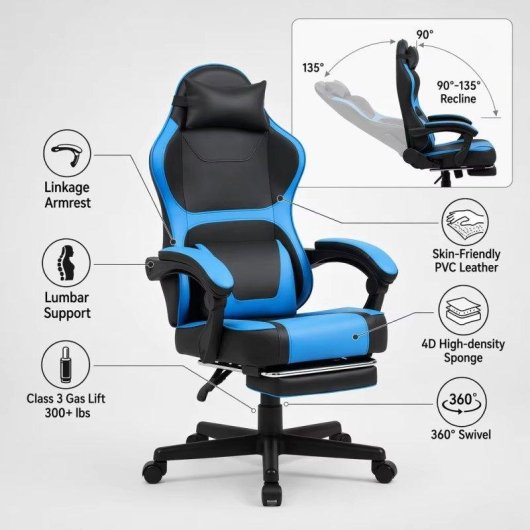 Ergonomischer Gaming-Stuhl Rolipo W3490-6073-BB Verstellbare Fusstütze