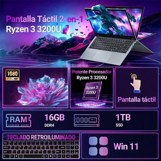 Portátil Moacreto G3 Convertible 15,6" AMD Ryzen 3 3200U 16GB 1TB SSD Windows 11 Pro