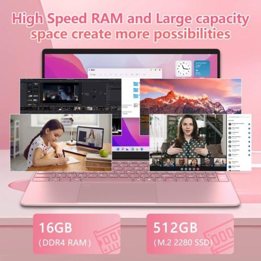 Ordinateur portable Rolipo T152a 15,6" Intel N95 16 Go Windows 11 Pro, Graphiques UHD, Clavier rétroéclairé, Rose, 512 Go SSD