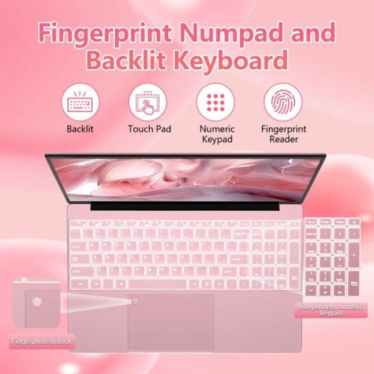 Ordinateur portable Rolipo T152a 15,6" Intel N95 16 Go Windows 11 Pro, Graphiques UHD, Clavier rétroéclairé, Rose, 512 Go SSD