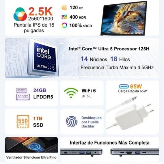 Portátil Ninkear N16 Pro+ 16" Intel Core Ultra 5 125H 24GB Intel Arc 1TB SSD Windows 11 lector de huellas