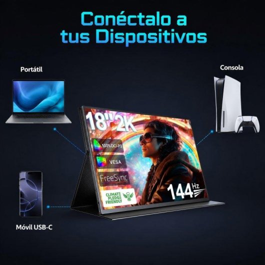 Monitor PC Uperfect 18" QHD 2K 144Hz QLED 133% sRGB 100% DCI-P3 FreeSync VESA Type-C Mini HDMI