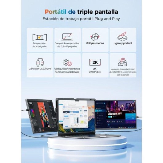 Monitor Uperfect Dual 14" QHD+ 60Hz IPS Duplo Rotativo Portátil USB-C HDMI