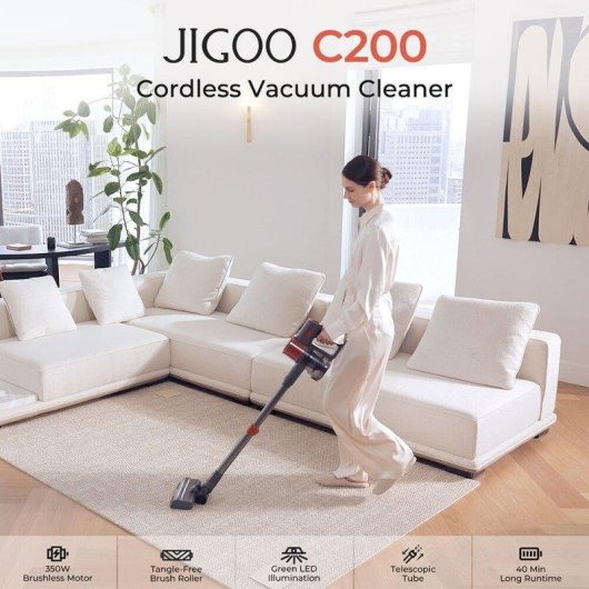 Aspirateur sans Fil JIGOO C200 350W 23KPa 40 min Tube Télescopique LED Gris