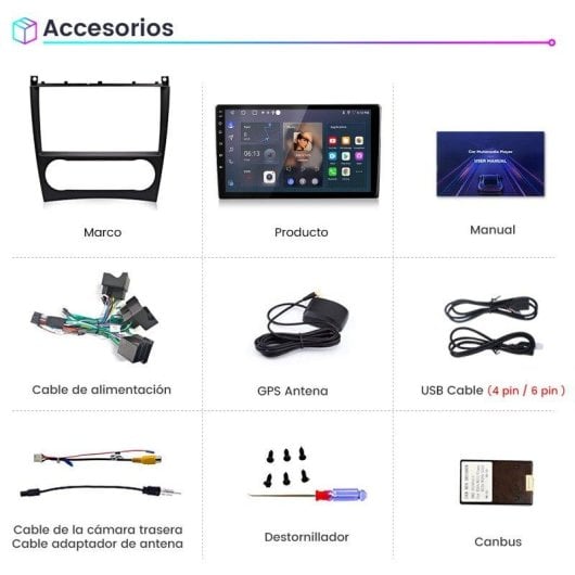 Autoradio Android JUNSUN 9" IPS 2+64GB CarPlay GPS Mercedes C/CLK W203/C209