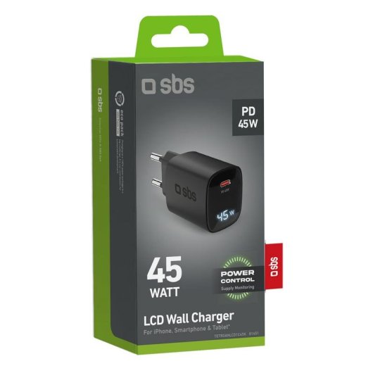 Cargador SBS TETRGANLCD1C45K USB-C 45W Power Delivery con pantalla LCD