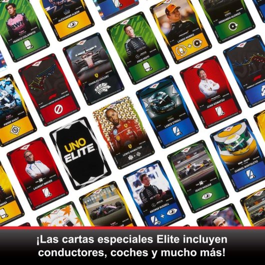Juego de cartas Mattel UNO Elite Formula 1 edición especial con cartas exclusivas