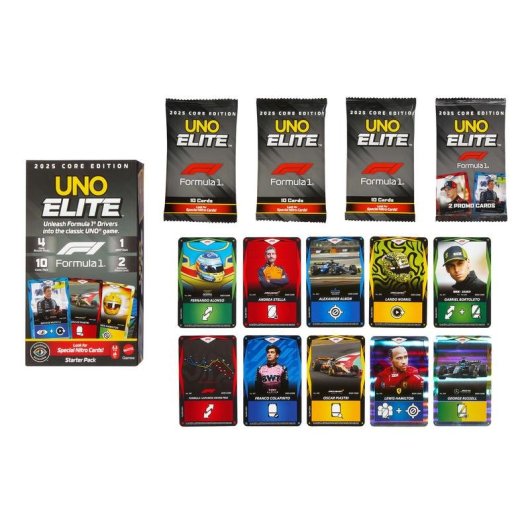 Juego de cartas Mattel UNO Elite Formula 1 edición especial con cartas exclusivas