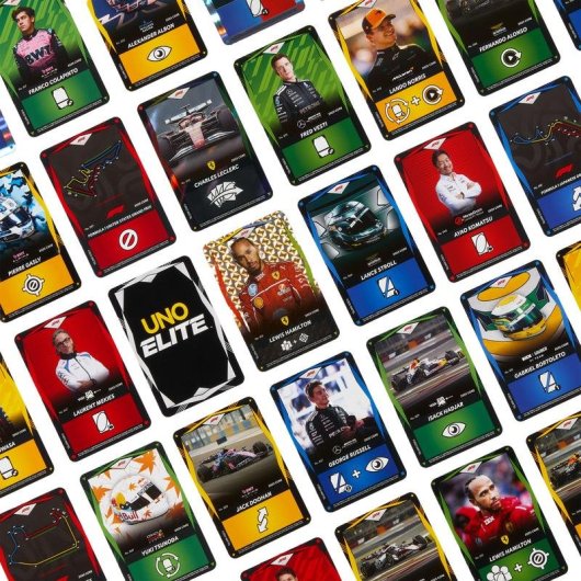 Juego de cartas Mattel UNO Elite Formula 1 edición especial con cartas exclusivas