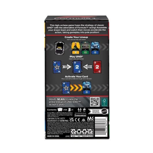 Juego de cartas Mattel UNO Elite Formula 1 edición especial con cartas exclusivas