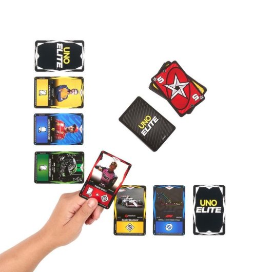 Juego de cartas Mattel UNO Elite Formula 1 edición especial con cartas exclusivas