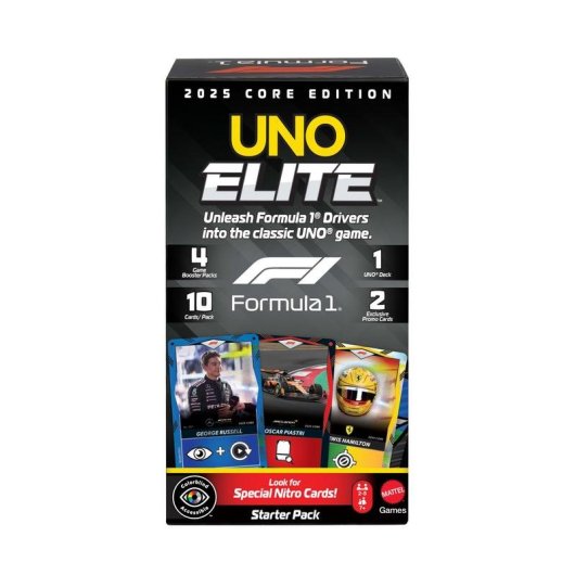 Juego de cartas Mattel UNO Elite Formula 1 edición especial con cartas exclusivas