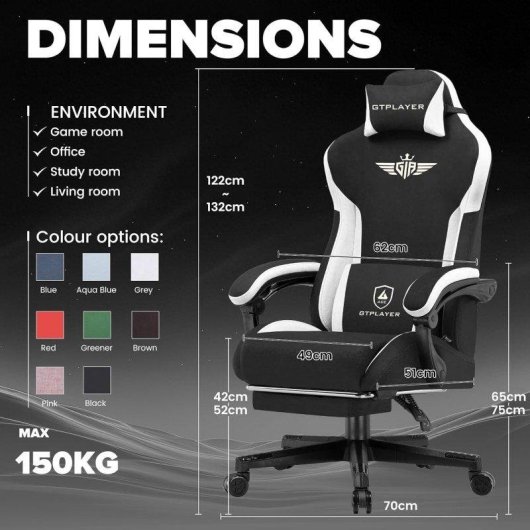 Sedia da gaming GTPLAYER Ergonomica con lombare e schiena ampia - Tessuto Nero
