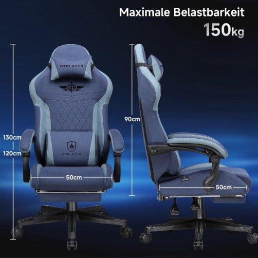 Silla Gaming GTPLAYER Ergonómica Soporte Lumbar Respaldo Ancho 150kg Tela Azul Oscuro