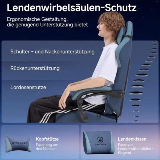 Silla Gaming GTPLAYER Ergonómica Soporte Lumbar Respaldo Ancho 150kg Tela Azul Oscuro