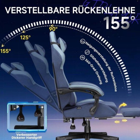 Silla Gaming GTPLAYER Ergonómica Soporte Lumbar Respaldo Ancho 150kg Tela Azul Oscuro