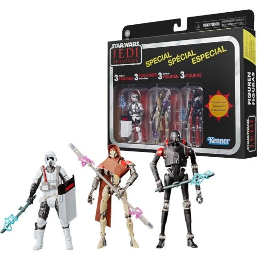Set 3 Figuras Jedi Survivor Star Wars Riot Scoit Trooper, Magnaguard Y Kx Security Droid Articulada 9,5 Cms