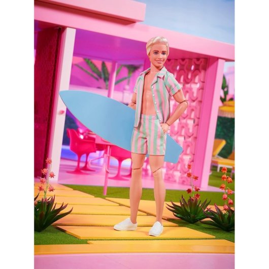 Figura Ken Con Tabla De Surf Y Conjunto A Rayas Barbie Articulado 30 Cms
