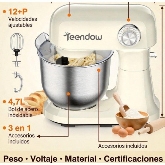 Batedeira Teendow 1500W 4,7 L 12 velocidades 3 em 1