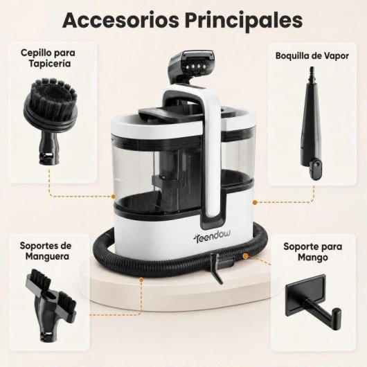 Aspirador de Tapicerías Teendow 1800W 16KPa Vapor 100°C Agua Caliente 60°C Blanco